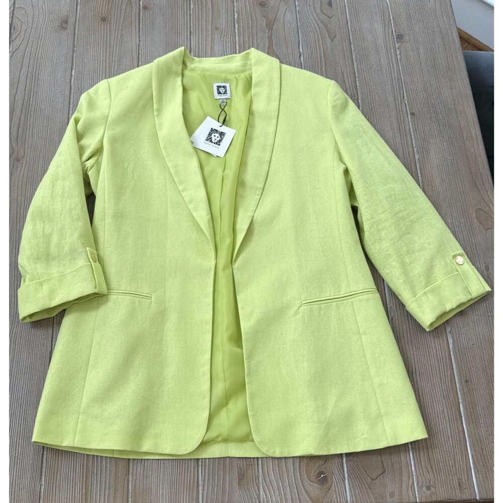 Anne Klein Linen Blend Blazer Lime Chartreuse Open Front Jacket Size Small